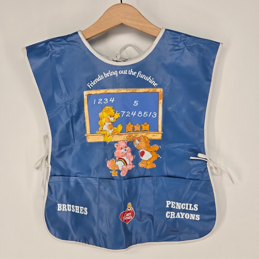 Care‎ Bears Art Smock Kids OS Blue Vintage 80s Retro Vinyl Apron Bib Smock